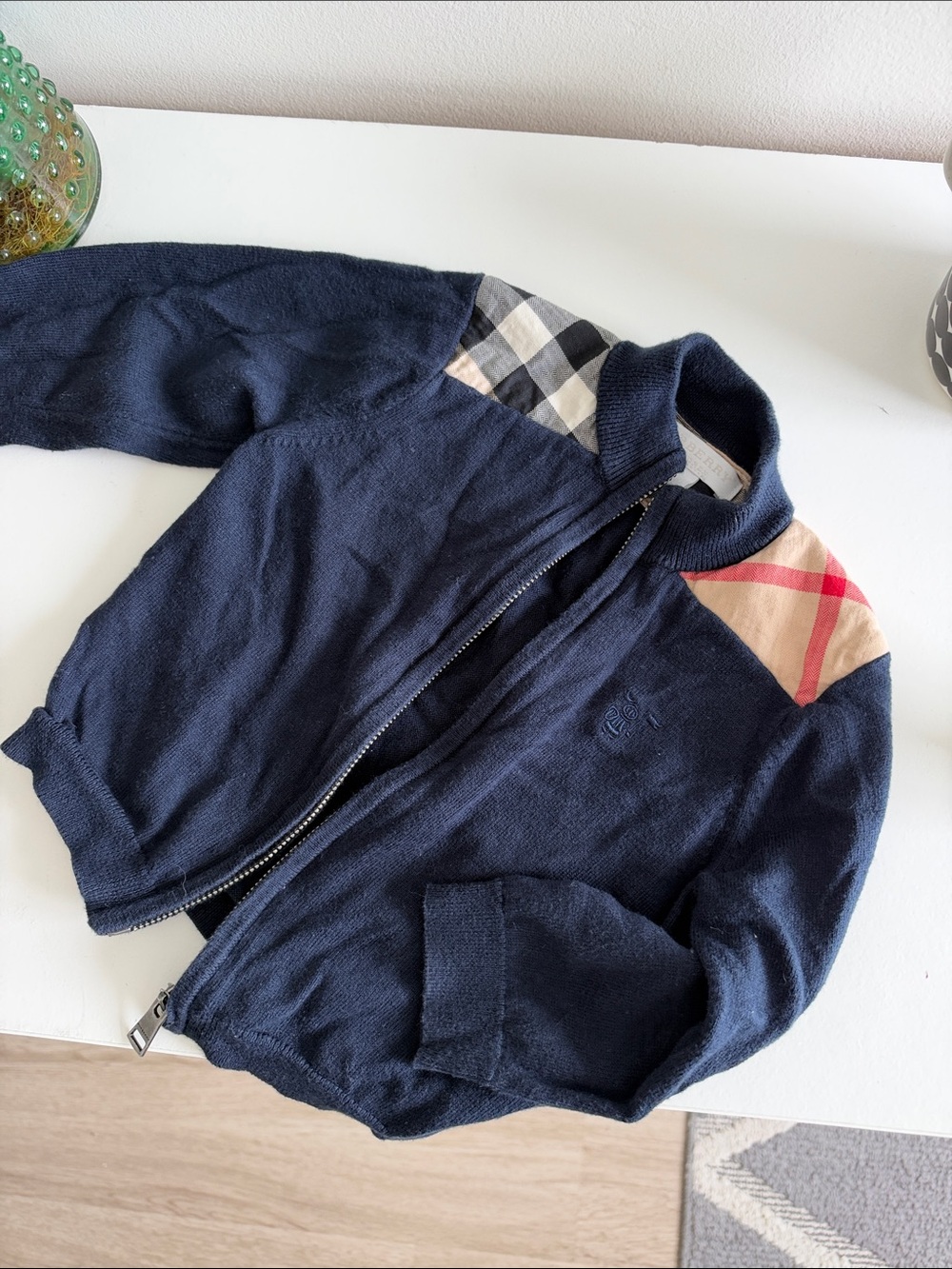 Burberry Navy Blue Kids Zip Jacket with Signature Check Shoulders